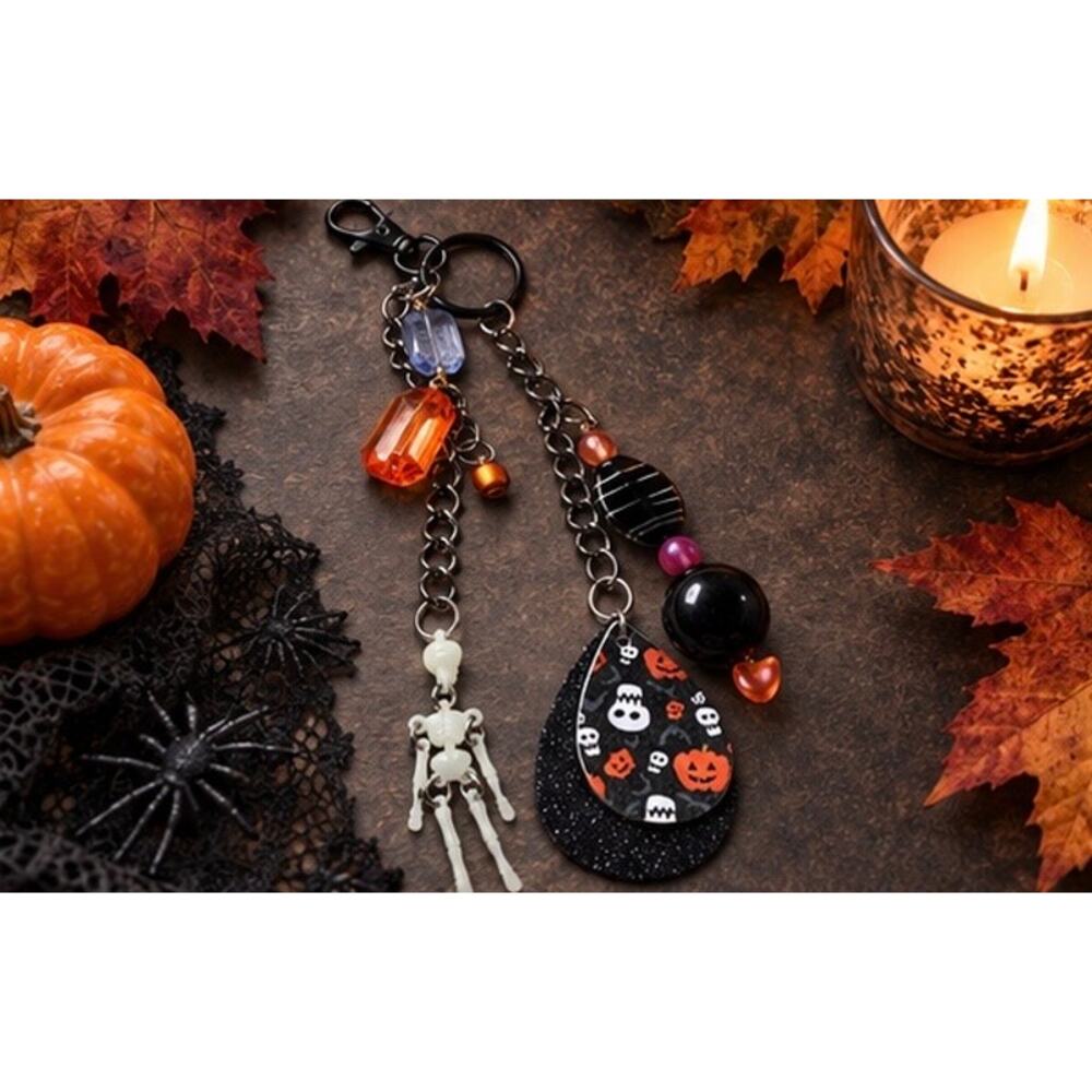 Halloween Purse Charm Skeleton Pumpkin Beaded Keychain 8” - Picture 4 of 7